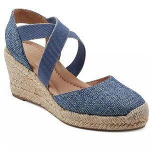 EASY SPIRIT Womens Blue Stretchy Straps Meza Wedge Espadrille Shoes 7.5